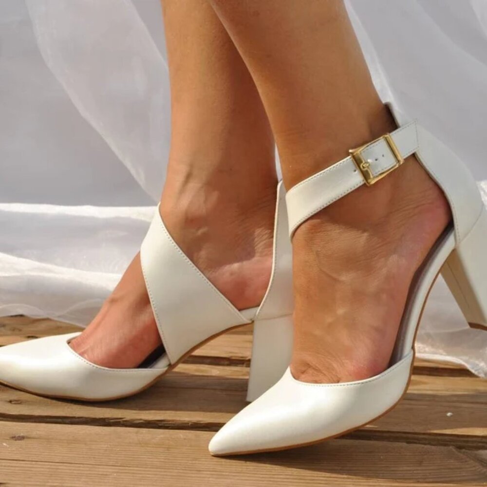 Handmade in Greece Pelino Sandals Bridal Shoes Block Heel White Size 39 2.5 in - Picture 2 of 3